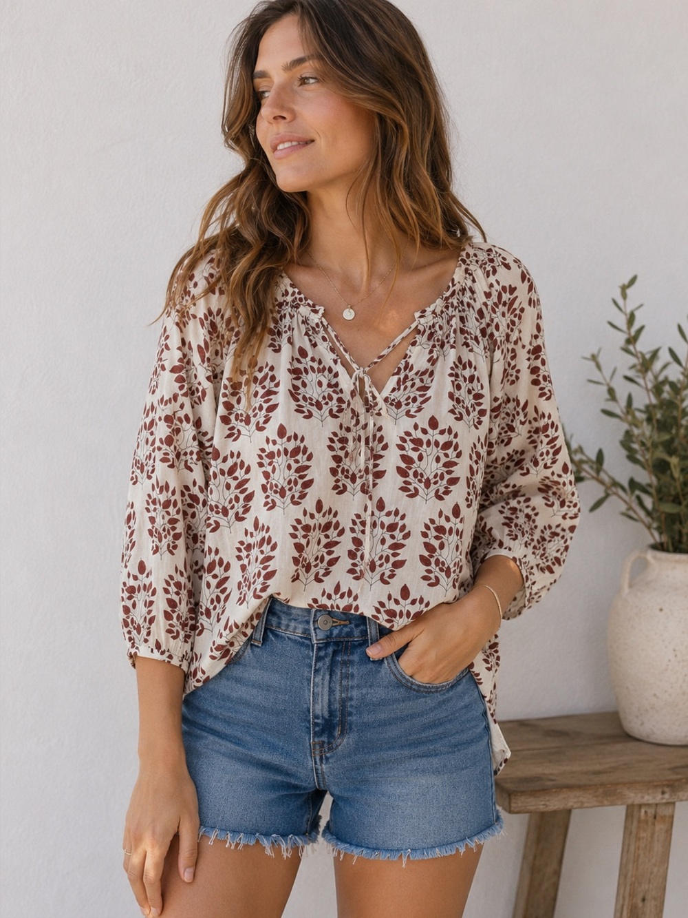 Sohana 100% Cotton Block Print Peasant Top Large Boho NWOT